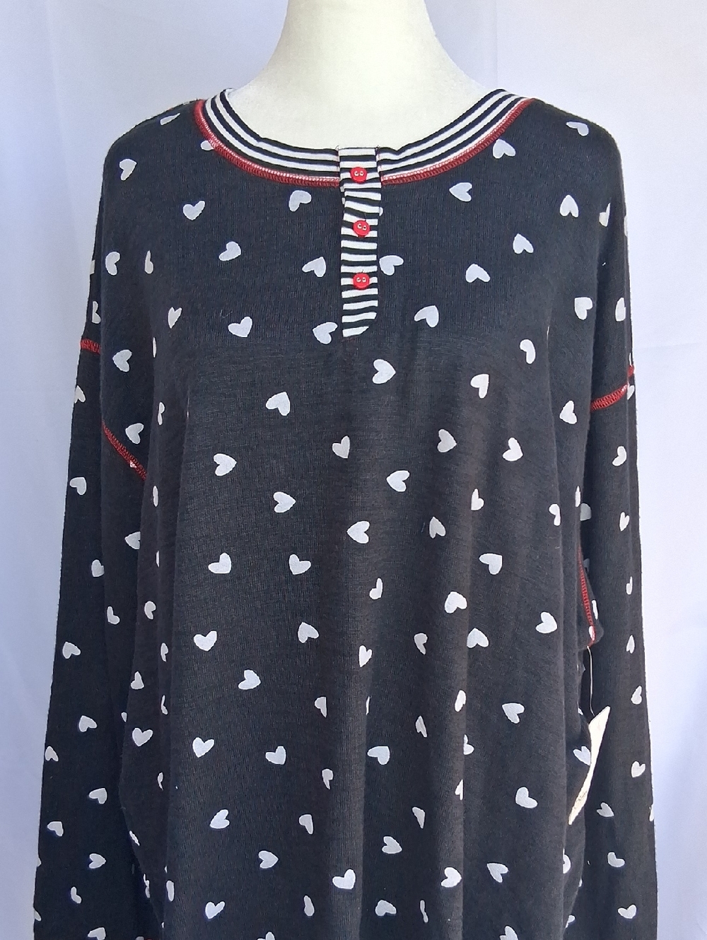 PJ Salvage Black Heart Print Nightshirt with White Hearts and Red Trim Top 3X - Picture 6 of 11